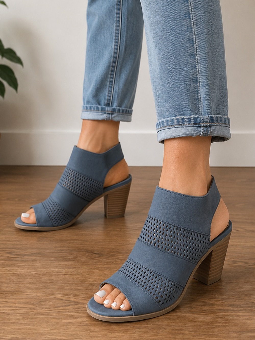 Franco Sarto Blue Perforated Open Toe Heels Women’s Size 8